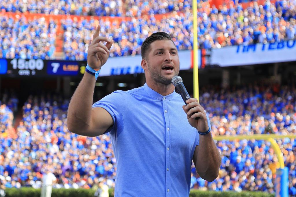 Tim Tebow is inducted into the Ring of Honor during the game between the Florida Gators and the LSU Tigers at Ben Hill Griffin Stadium on Oct. 6, 2018, in Gainesville, Fla. (Sam Greenwood/Getty Images)