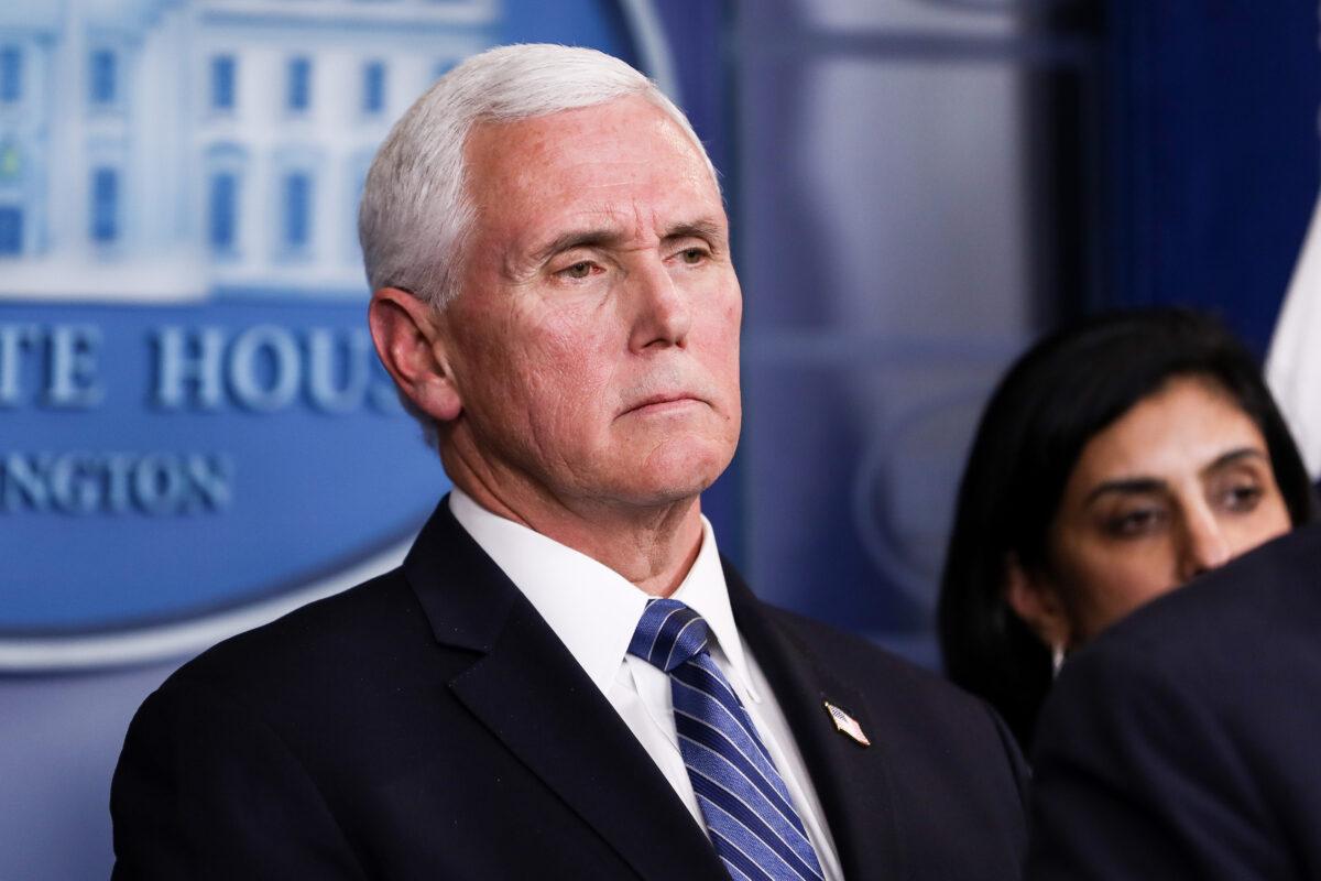 Vice President Mike Pence looks on during a press conference at the White House in Washington on March 2, 2020. (Charlotte Cuthbertson/The Epoch Times)