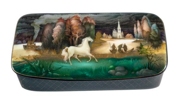 “Landscape,” 20th century, by Rogatov Sergey Sergeevich. Paint on Papier-mâché, lacquer, from Fedoskino, Russia. A gift from the private collection of Dennis H. and Marian S. Pruslin. (Museum of Russian Icons)