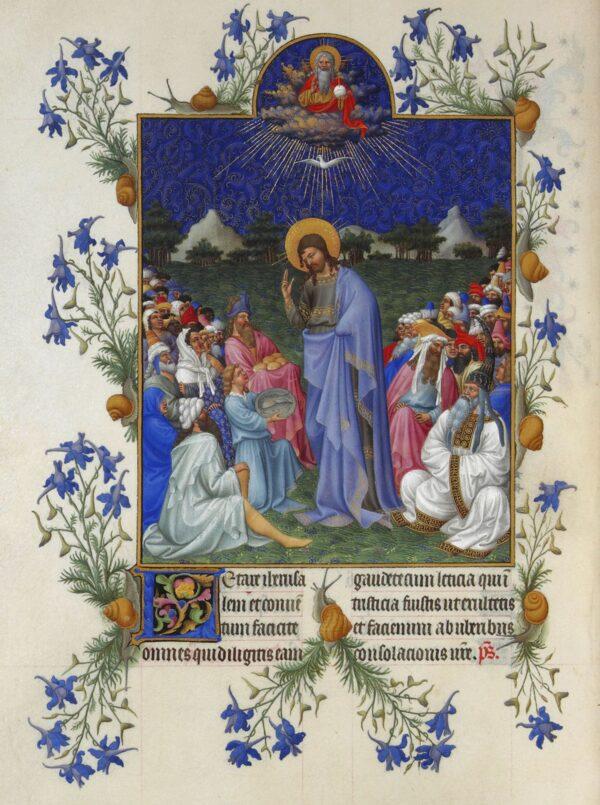"The Feeding of the Multitudes," from "The Very Rich Hours of the Duke of Berry," Folio 168, back; between 1412 and 1416, by the Limbourg brothers. Tempera on vellum; 11.4 inches by 8.2 inches. Condé Museum, France. (PD-US)