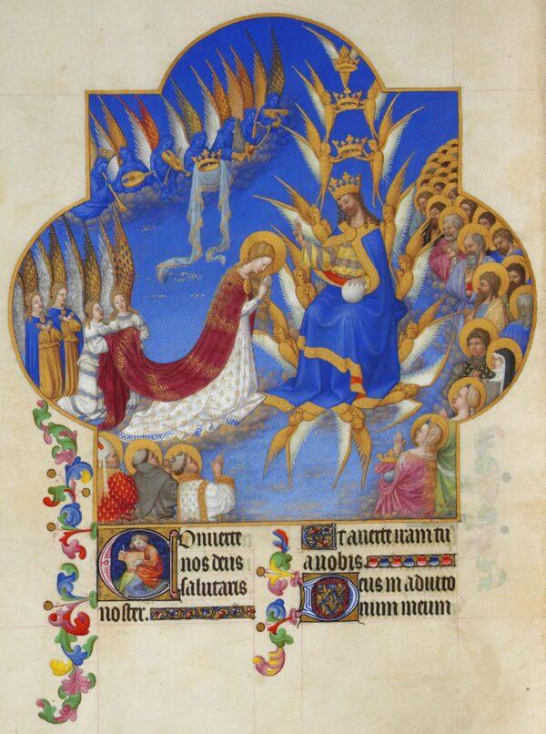 "The Coronation of the Virgin," from "The Very Rich Hours of the Duke of Berry," Folio 60, back; between 1412 and 1416, by the Limbourg brothers. Tempera on vellum; 8.8 inches by 5.3 inches. Condé Museum, France. (R-G Ojéda/RMN/PD-US)