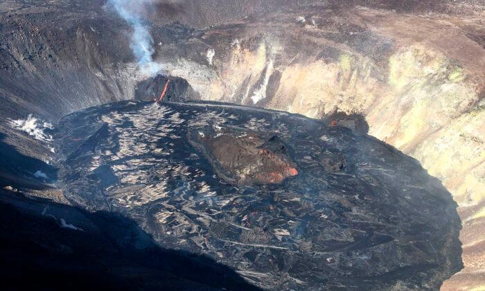Lava Spatters, Flows Inside Crater of Hawaii Volcano