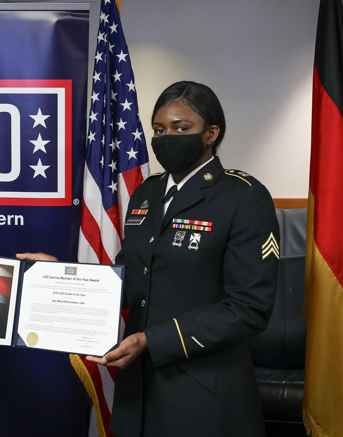 U.S. Army Sgt. Mary Ehiarinmwian receiving the 2020 USO Soldier of the Year award in Kaiserslautern, Germany, on Dec. 15, 2020. (<a href="https://www.dvidshub.net/image/6457617/sgt-mary-ehiarinmwian-2020-uso-soldier-year">Spc. Katelyn Myers</a>/U.S. Army)