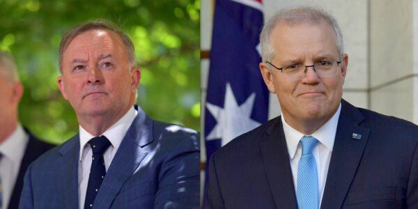 Leader of the Opposition Anthony Albanese (left) on Dec. 11, 2020, and Prime Minister Scott Morrison (right) on Dec. 9, 2020, in Canberra, Australia. (Sam Mooy/Getty Images)