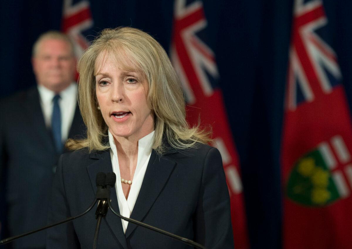 Ontario Minister of Long-Term Care Merrilee Fullerton speaks during a daily press conference regarding COVID-19 at Queen's Park in Toronto, Canada, on April 22, 2020. (Nathan Denette/The Canadian Press)
