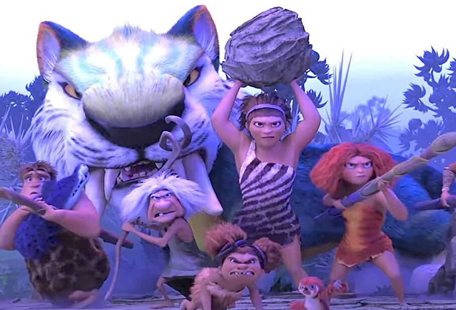(L–R) Thunk (voiced by Clark Duke), Chunky the saber-toothed tiger, Gran (Cloris Leachman), Sandy (Kailey Crawford), Ugga (Catherine Keener), and Eep (Emma Stone) form a kill circle, in "The Croods: A New Age." (Universal Pictures)