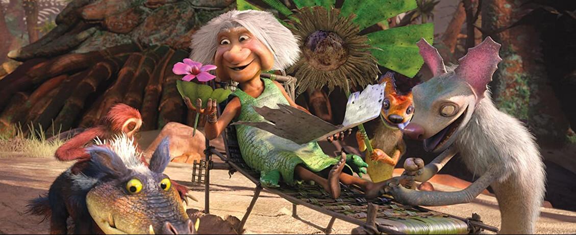 Gran Crood (voiced by Cloris Leachman) having a prehistoric spa day, in "The Croods: A New Age." (Universal Pictures)