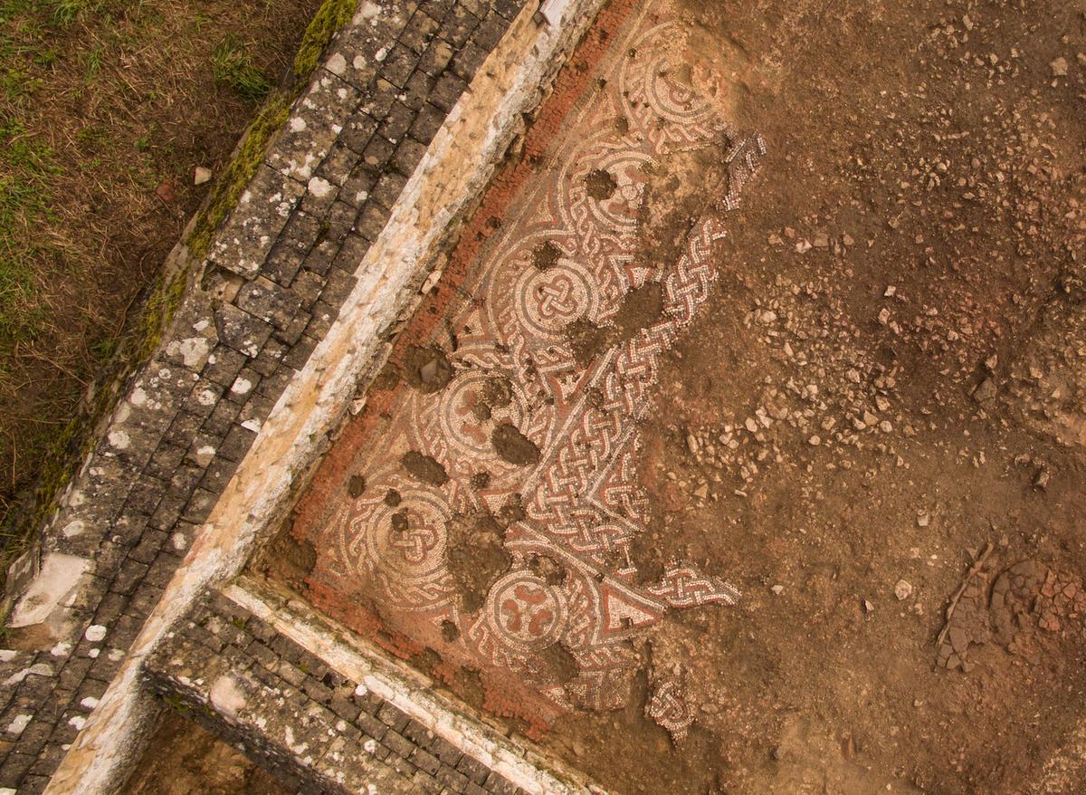 The 5th-century mosaic partially unearthed at Chedworth Roman Villa, England (Courtesy of Mike Calnan/<a href="https://www.nationaltrust.org.uk/">National Trust</a>)