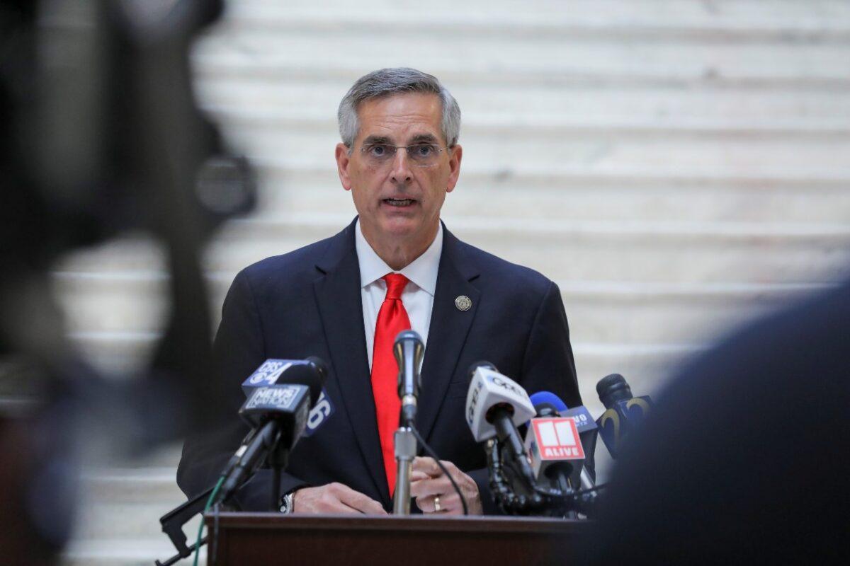 Georgia Secretary of State Brad Raffensperger gives an update on the state of the election and ballot count during a news conference at the State Capitol in Atlanta, Ga., on Nov. 6, 2020. (Dustin Chambers/Reuters)