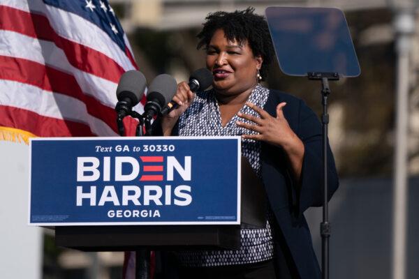 Former Georgia state Rep. Stacey Abrams speaks at a Get Out the Vote rally with former President Barack Obama as he campaigns for Democratic presidential candidate former Vice President Joe Biden, in Atlanta, on Nov. 2, 2020. (Elijah Nouvelage/AFP via Getty Images)