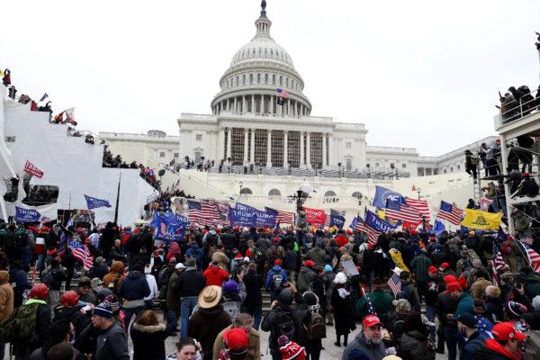 Protesters gather outside the U.S. Capitol Building in Washington on Jan. 06, 2021. Protesters entered the U.S. Capitol building after mass demonstrations in the nation's capital during a joint session of Congress to count electoral votes. (Tasos Katopodis/Getty Images)