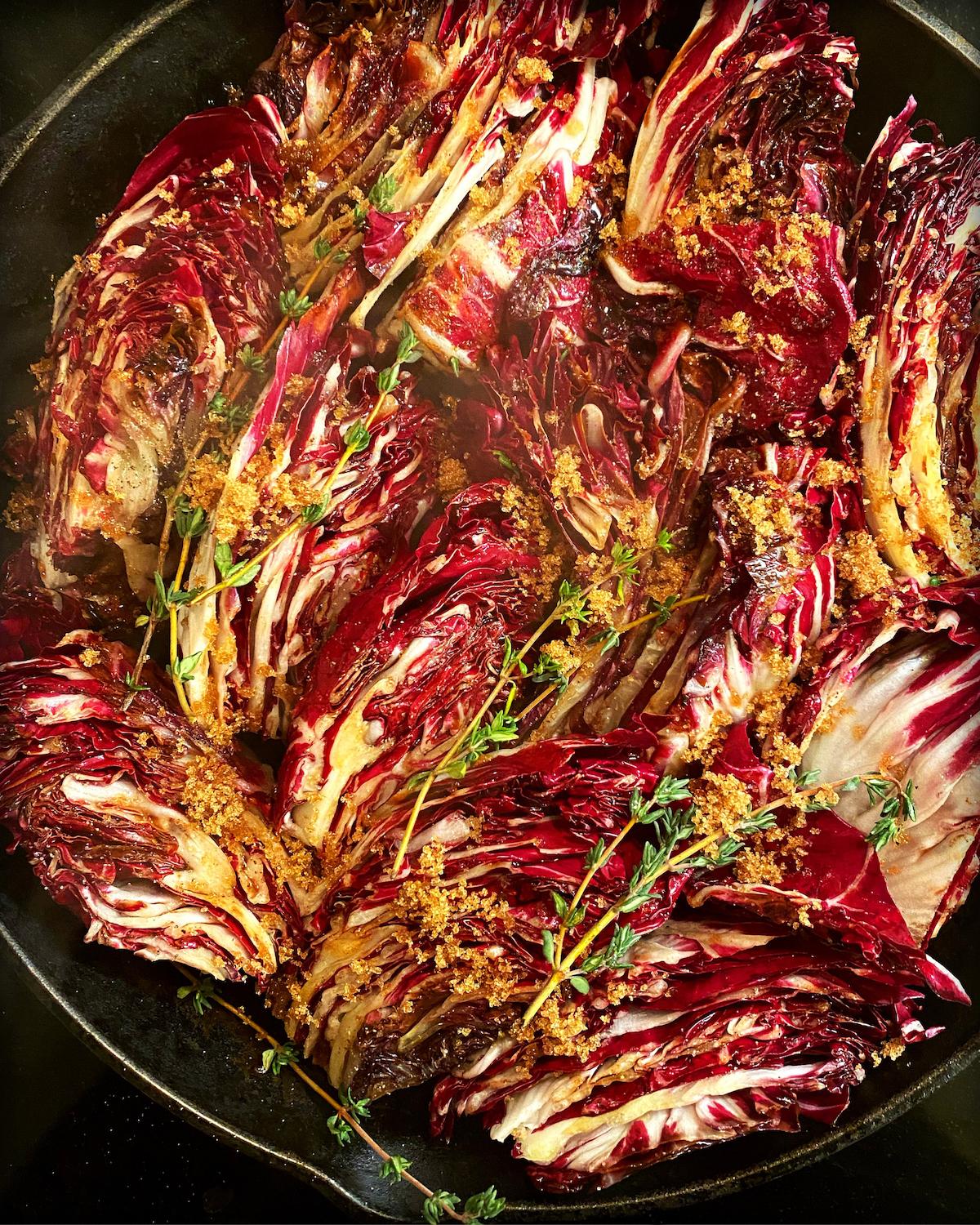As the radicchio braises, the balsamic vinegar will reduce to a rich sweet-and-sour syrup that shellacs the wilted wedges. (Lynda Balslev for Tastefood)