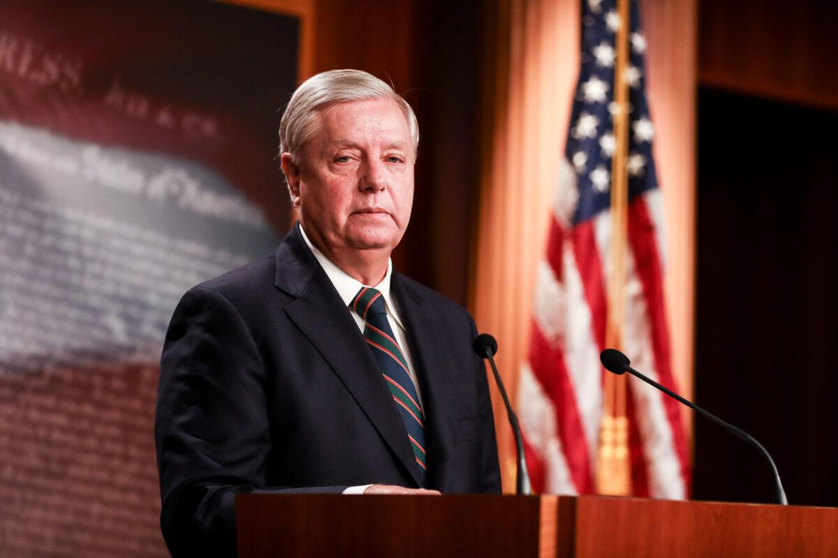 Sen. Lindsey Graham (R-S.C.) speaks to media at the Capitol in Washington on Jan. 7, 2021. (Charlotte Cuthbertson/The Epoch Times)