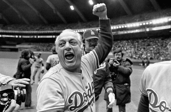 Los Angeles Dodgers manager Tom Lasorda celebrates after the Dodgers beat the Montreal Expos for the National League title in Montreal on Oct. 19, 1981. (Grimshaw/AP Photo File)