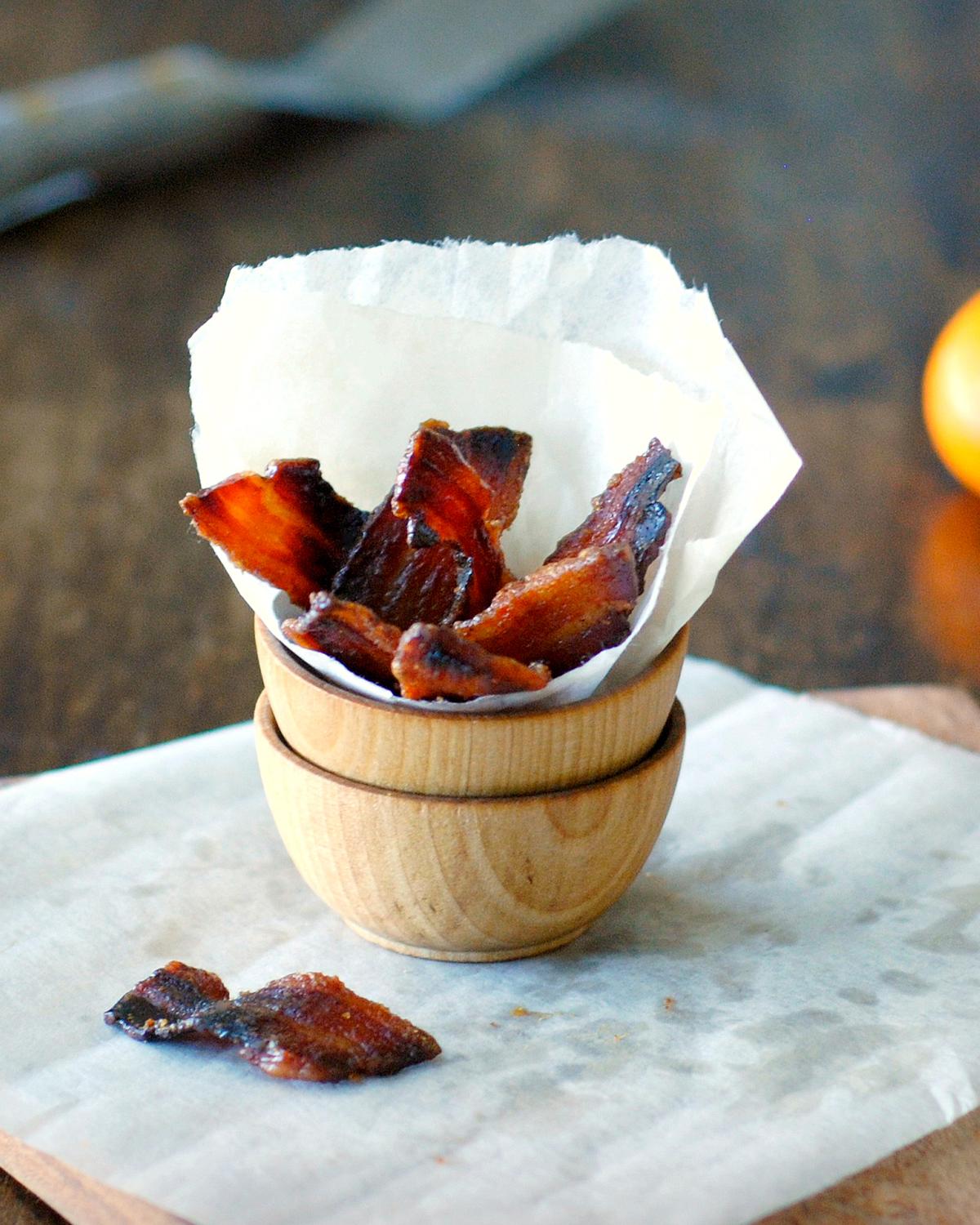 Caramelized bacon chips, roasted in the oven with sugar and spices. (Lynda Balslev for Tastefood)