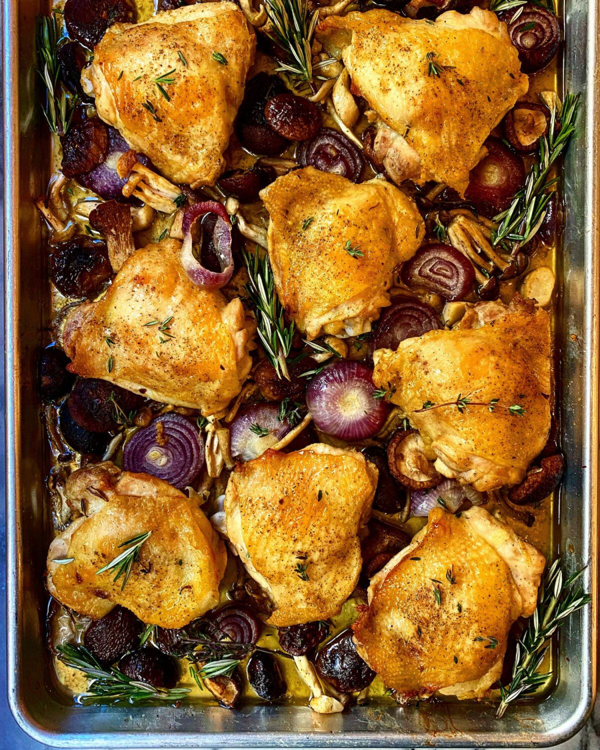The flavors of chicken, sweet cipollini onions, umami-packed mushrooms, and fresh rosemary and thyme mingle in this one-pan wonder. (Lynda Balslev for Tastefood)