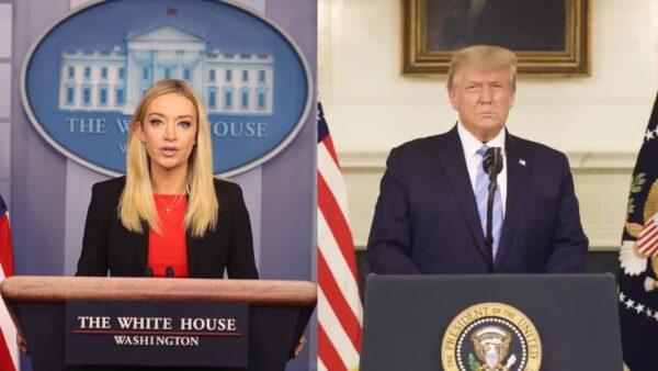 L: White House press secretary Kayleigh McEnany speaks in the James Brady Press Briefing Room at the White House in Washington on Jan. 7, 2021. (Tasos Katopodis/Getty Images) R: President Donald Trump delivers an address to the American people in a video posted to social media late on Jan. 7, 2021. (Donald Trump)