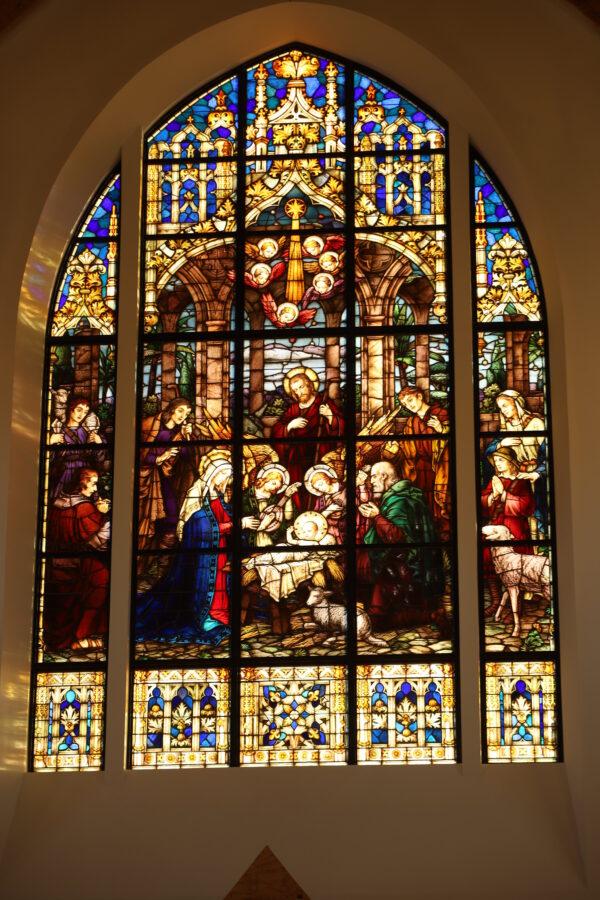 The Nativity transept window in Christ the King Chapel was refurbished by Beyer Studio. The chapel will contain over 100 stained glass windows once completed, with Beyer Studio designing new windows in addition to refurbishing old ones from other churches across the country—including Christendom’s own existing chapel. (Christendom College)