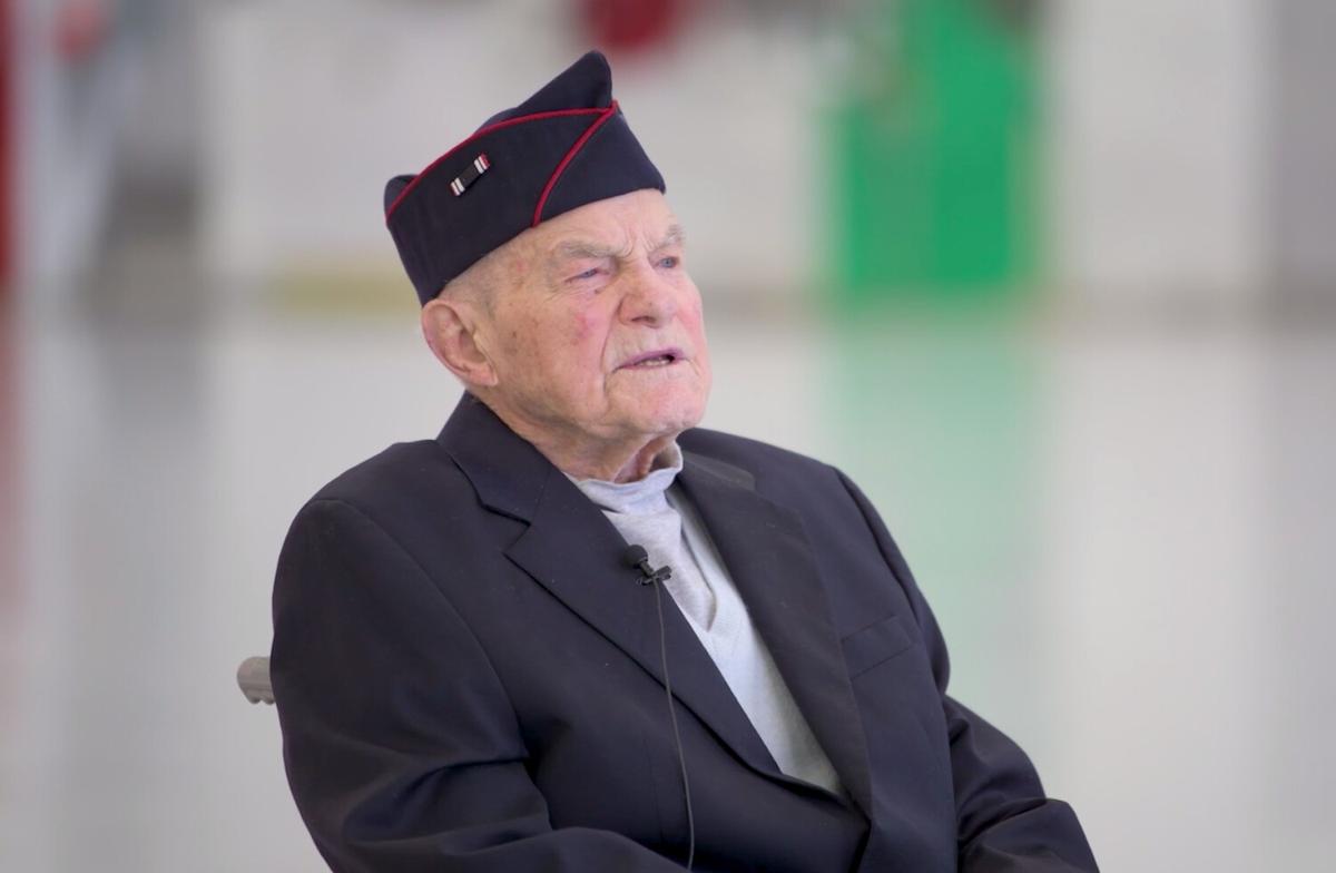 Daniel Crowley, who was a POW in the Pacific theater, receives the Combat Infantry Badge, sergeant stripes, and the POW Medal 76 years later. (Courtesy of Air Force Staff Sgt. Brycen Guerrero via <a href="https://www.dvidshub.net/video/779828/wwii-vet-dan-crowley">DVIDSHUB</a>)