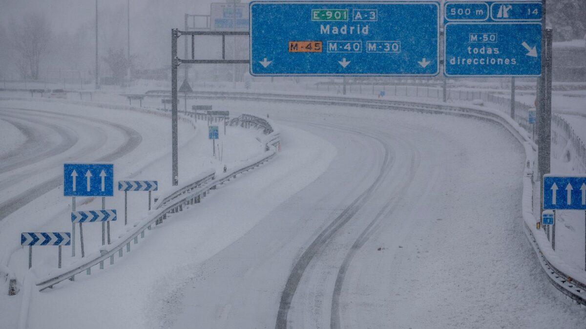A view from a highway covered with snow during a heavy snowfall in Rivas Vaciamadrid, Spain, Saturday, Jan. 9, 2021. (Manu Fernandez/AP)