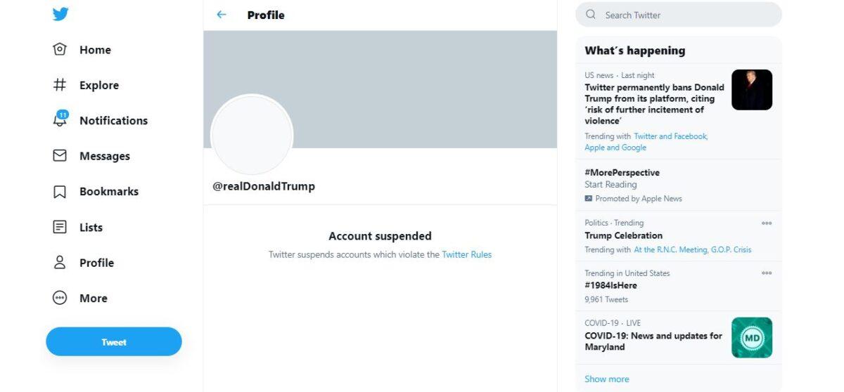 President Donald Trump's Twitter account was suspended by the technology giant on Jan. 8, 2021. Screenshot taken Jan. 9, 2021. (Screenshot/Twitter)