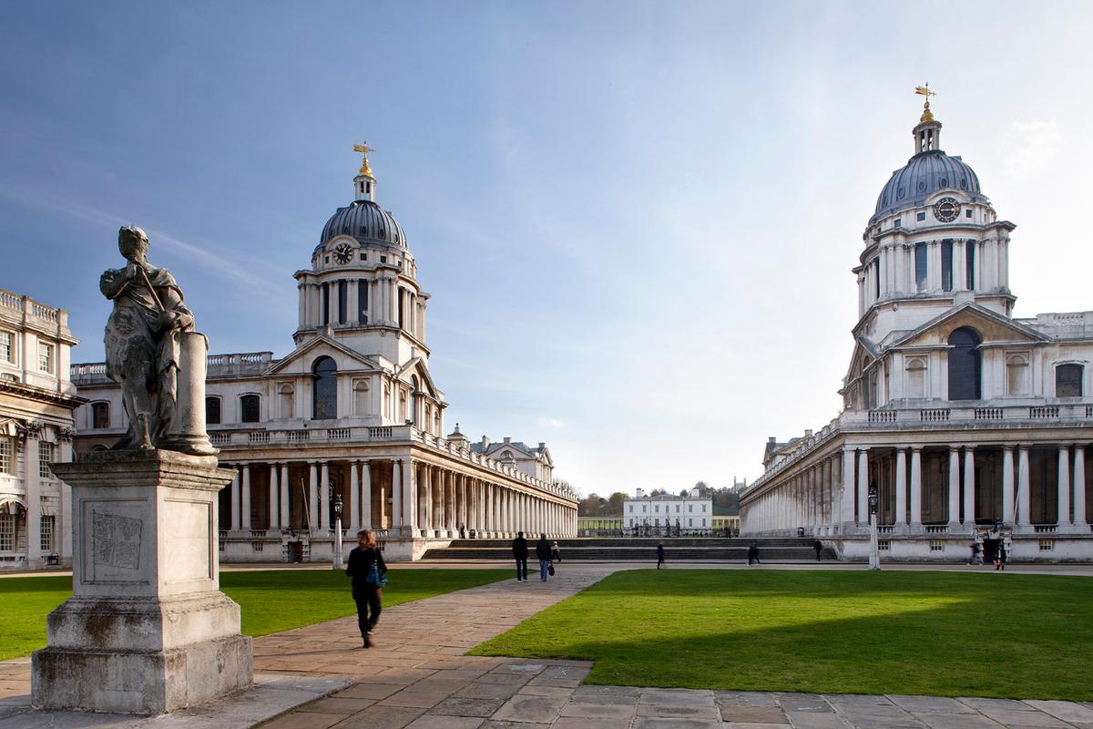 The Chapel of St. Peter and St. Paul is located under the left dome of the Old Royal Naval College and the Painted Hall is under the right dome. The Queen’s House sits in the distance. (Old Royal Naval College and Jigsaw Design & Publishing 2010)