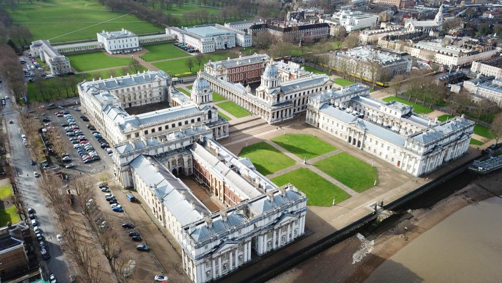 The magnificent Old Royal Naval College in Greenwich, London, designed by Sir Christopher Wren and Nicholas Hawksmoor. (Aerial-motion/Shutterstock.com)