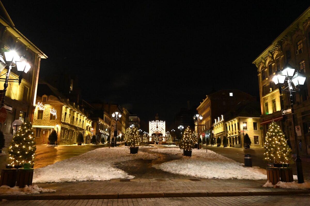 Square Jacques-Cartier, near the Old Port, which usually attracts tourists, is pictured deserted moments after the curfew was implemented from 8 p.m. local time until 5 a.m. in Montreal, Canada, on Jan. 9, 2021. (Eric Thomas/AFP via Getty Images)