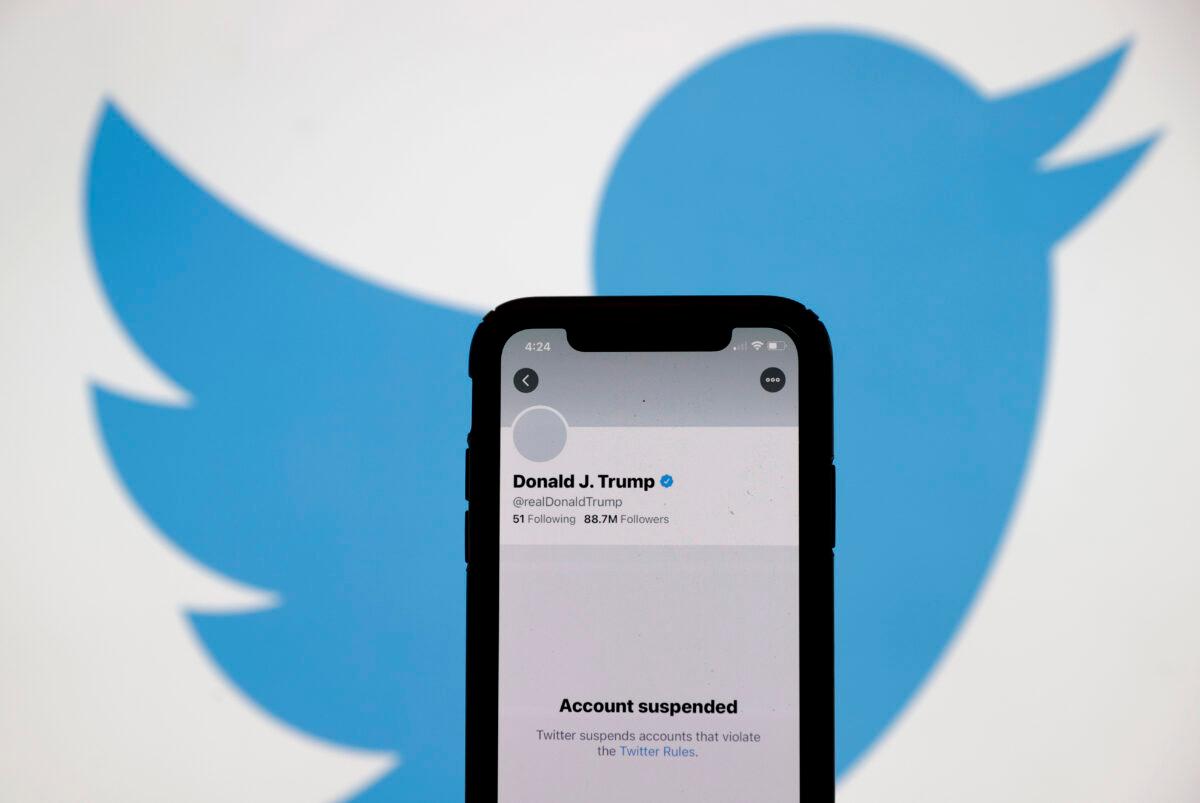 The suspended Twitter account of President Donald Trump appears on an iPhone screen in San Anselmo, Calif., on Jan. 8, 2021. (Justin Sullivan/Getty Images)