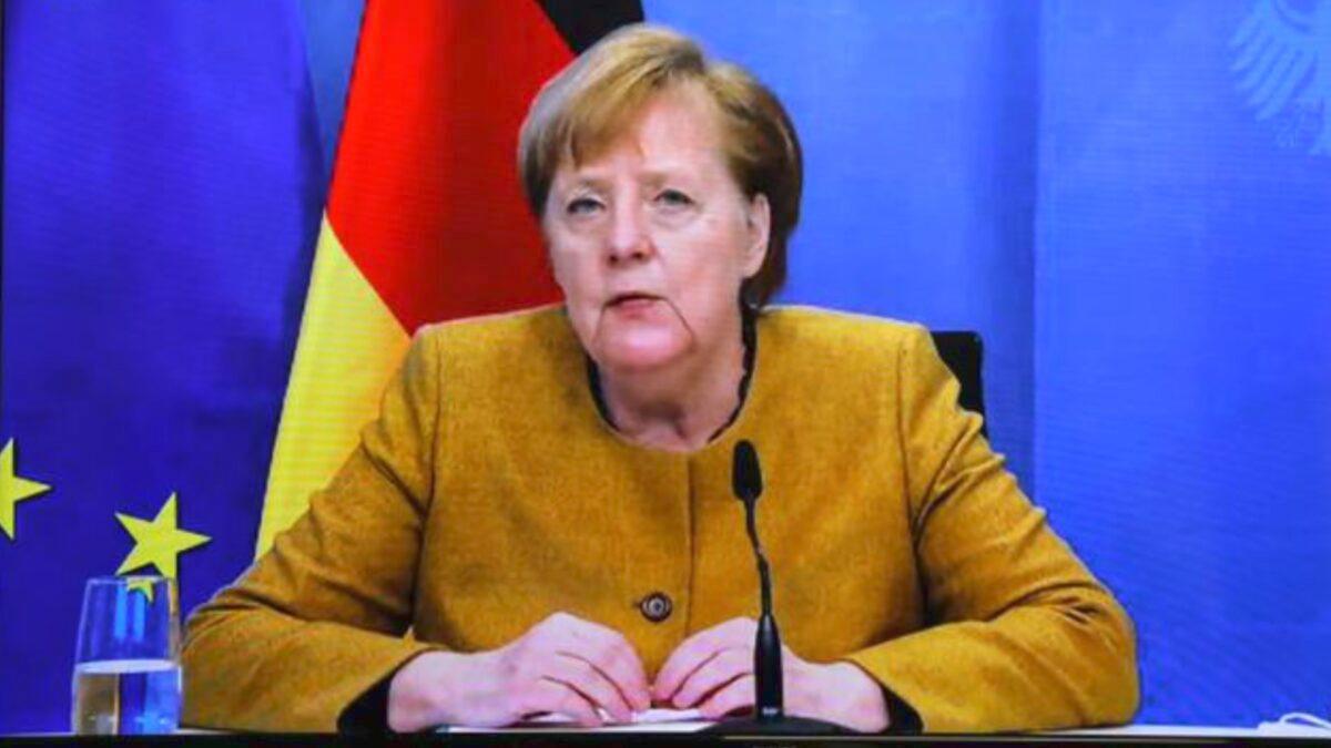 German Chancellor Angela Merkel speaks during a video conference at The Elysee Palace in Paris, France on Jan. 11, 2021. (Ludovic Marin/Pool via Reuters)