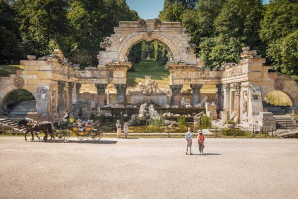 A folly of Roman ruins on the grounds of Schönbrunn Palace. A folly is an extravagant garden ornament built to be admired. Ancient-looking buildings or ruins were often erected as follies to symbolize the owner's classical virtues. (Severin Wurnig/SKB)