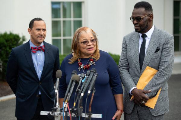 Alveda King (C), niece of Dr. Martin Luther King Jr., speaks following a meeting with President Donald Trump and other faith-based inner-city leaders at the White House in Washington, D.C. on July 29, 2019. (SAUL LOEB/AFP via Getty Images)