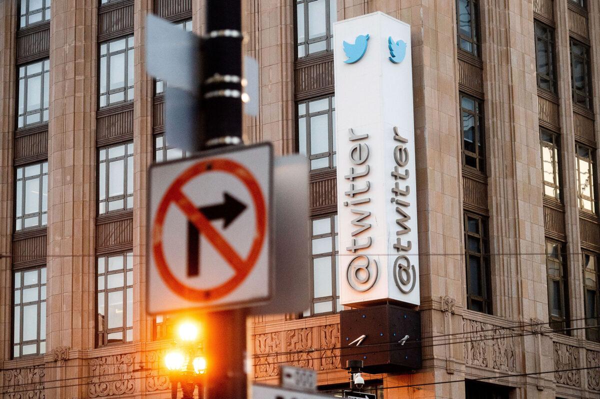 A sign hangs at Twitter headquarters on Monday, in San Francisco, on Jan. 11, 2021. (Noah Berger/AP Photo)