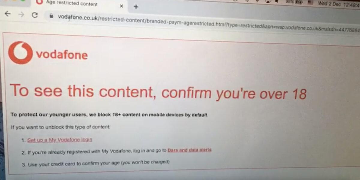 A screenshot from a video showing a warning message from Vodafone saying the content is age-restricted. (Courtesy of Natalia Nutting/Screenshot)