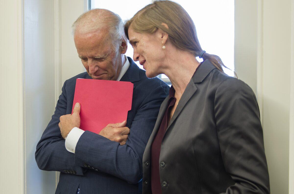 Then-Vice President Joe Biden (L) talks with US Ambassador to the United Nations Samantha Power (R) in the Oval Office of the White House in Washington on Aug. 4, 2015. (Jim Watson/AFP via Getty Images)