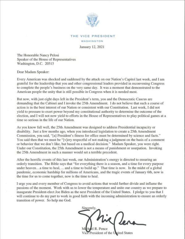 Letter from Vice President Mike Pence to House Speaker Nancy Pelosi (D-Calif.) on Jan. 12, 2021.