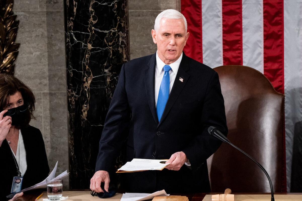Vice President Mike Pence presides over a Joint session of Congress to certify the 2020 Electoral College results on Capitol Hill in Washington on Jan. 6, 2021. (Erin Schaff/The New York Times via Getty Images)