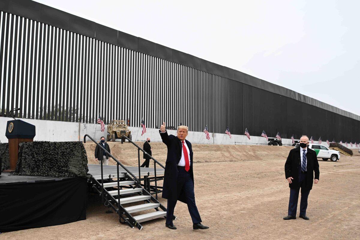 President Donald Trump tours a section of the border wall in Alamo, Texas, on Jan. 12, 2021. (Mandel Ngan/AFP via Getty Images)