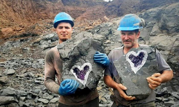 Miners Cut Open Rock and Discover Stunning Heart-Shaped Purple Geode Inside