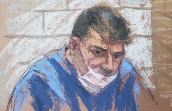 Eduard Florea appears during a virtual hearing on weapons charges in a New York court in this January 13, 2021 courtroom sketch. (REUTERS/Jane Rosenberg)