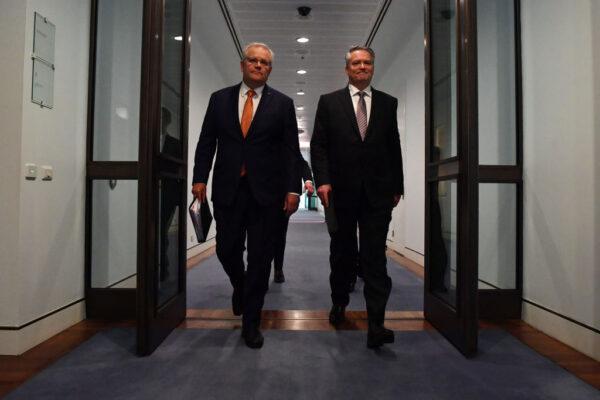 Prime Minister Scott Morrison and former Finance Minister Mathias Cormann in the Main Committee Room at Parliament House in Canberra, Australia on Oct. 8, 2020. (Photo by Sam Mooy/Getty Images)