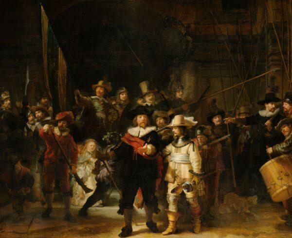 "Militia Company of District II under the Command of Captain Frans Banninck Cocq," commonly known as the "Night Watch," 1642, by Rembrandt Harmenszoon van Rijn. Rijksmuseum, Amsterdam. On loan from the City of Amsterdam. (Rijksmuseum)