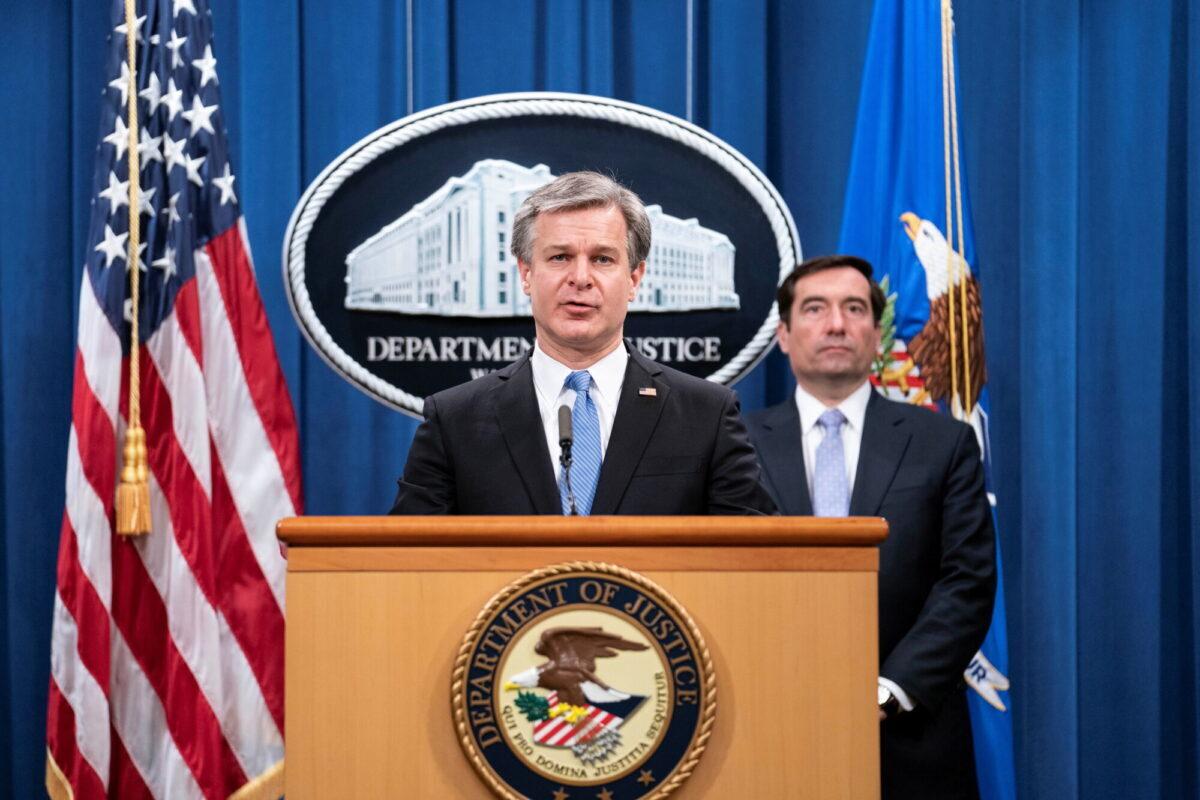 FBI Director Christopher Wray speaks during a press conference at the Department of Justice in Washington on Oct. 28, 2020. (Sarah Silbiger/Pool via Reuters)