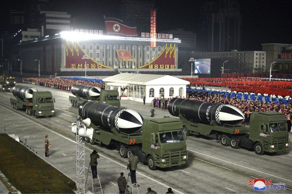 This photo provided by the North Korean government shows missiles during a military parade marking the ruling party congress, at Kim Il Sung Square in Pyongyang, North Korea, on Jan. 14, 2021. (Korean Central News Agency/Korea News Service via AP)