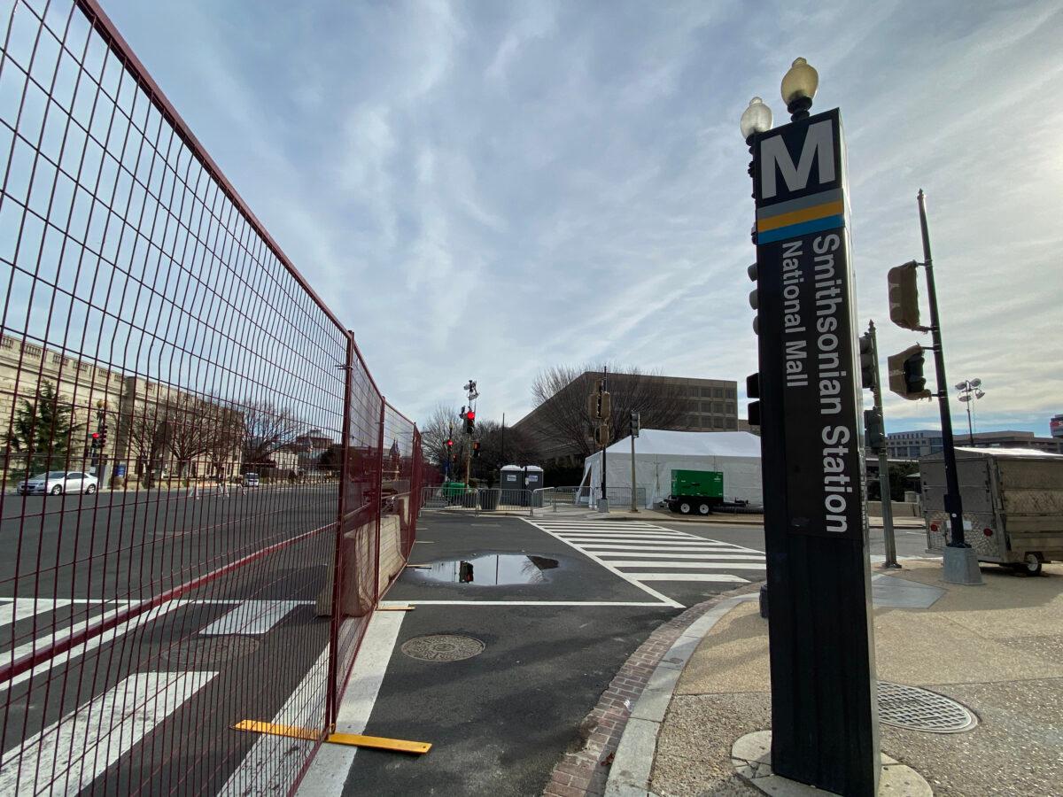 The entire National Mall is fenced in. Taken outside the Smithsonian Metro stop in Washington on Jan. 17, 2021. (Terri Wu/The Epoch Times)
