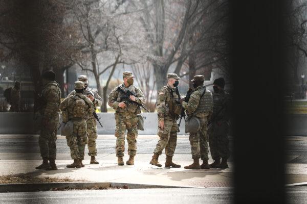 National Guard troops near the Capitol building in Washington on Jan. 15, 2021. (Charlotte Cuthbertson/The Epoch Times)