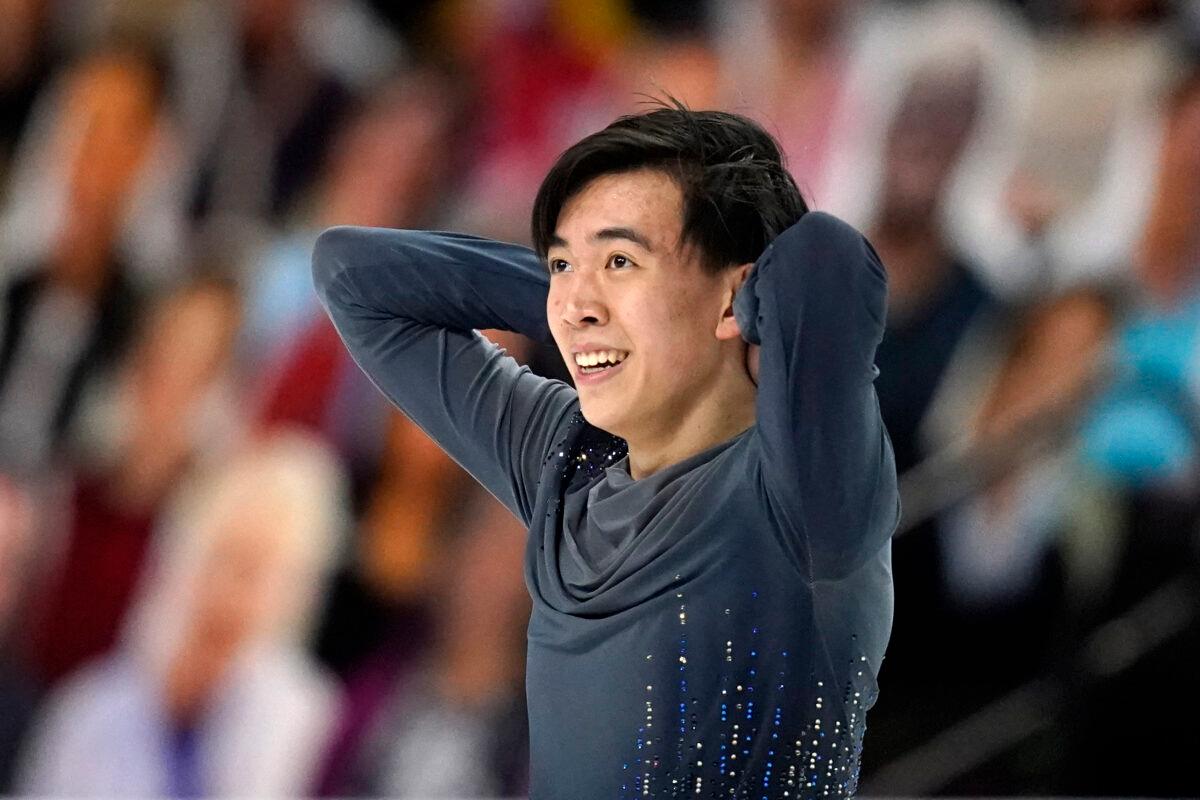 Vincent Zhou reacts after finishing his routine during the men's short program at the U.S. Figure Skating Championships in Las Vegas, Nev., on Jan. 16, 2021. (John Locher/AP Photo)