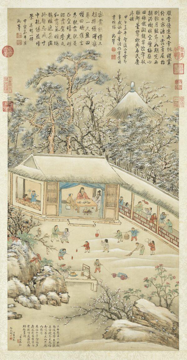 This famous painting depicts children merrily celebrating the Chinese New Year in heavy snow. “Snow Dedicated to the Emperor’s Poem,” Qing Dynasty, by Dong Gao. (The National Palace Museum)