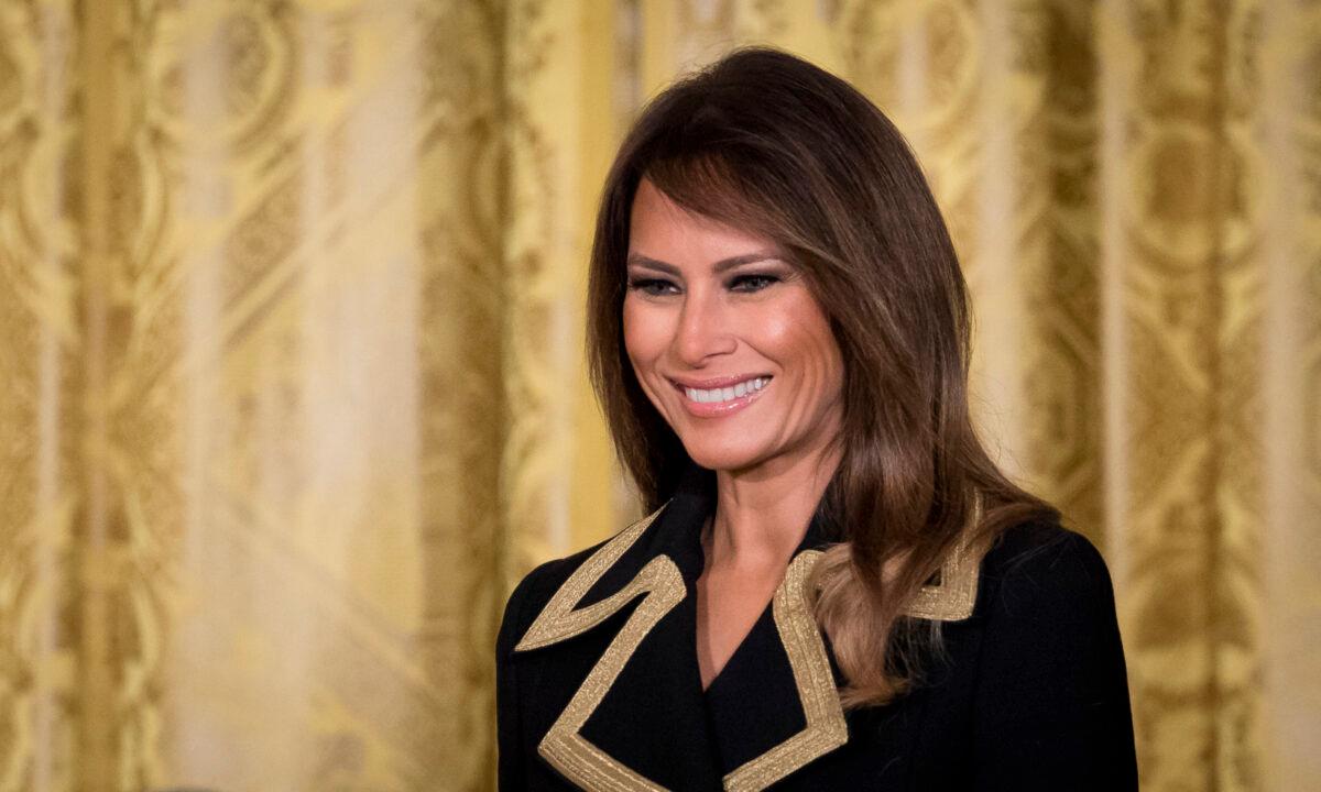 First Lady Melania Trump arrives at a joint press conference with President Donald Trump and Australian Prime Minister Malcolm Turnbull in the East Room of the White House on Feb. 23, 2018. (Samira Bouaou/The Epoch Times)