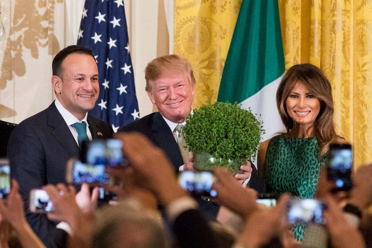 President Donald Trump receives a Shamrock Bowl by Prime Minister Leo Varadkar of Ireland, accompanied by First Lady Melania Trump in the East Room of the White House on March 15, 2018. (Samira Bouaou/The Epoch Times)